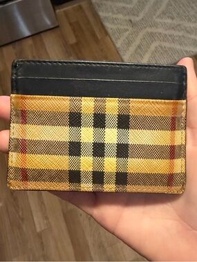 Authentic Burberry Yellow Plaid and Black Leather Card Holder